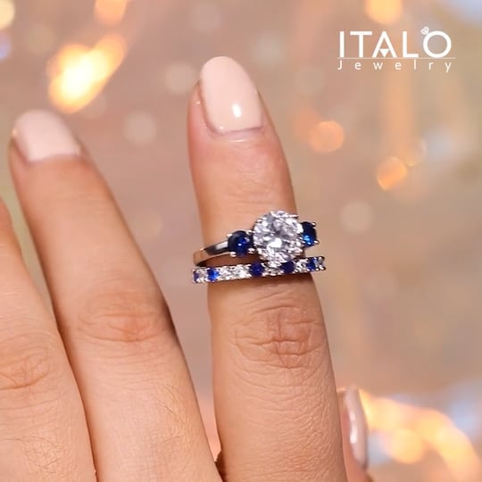 White & Blue Three Stone Round Cut Bridal Set