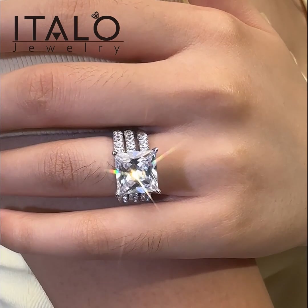 Italo Princess Cut Engagement Rings Sets In Sterling Silver