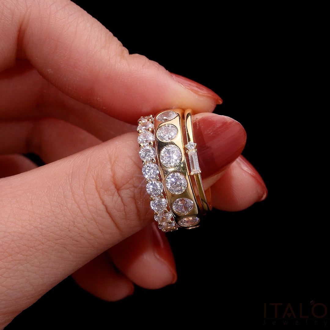 Italo Golden Baguette & Round Cut Stackable Band Set For Women