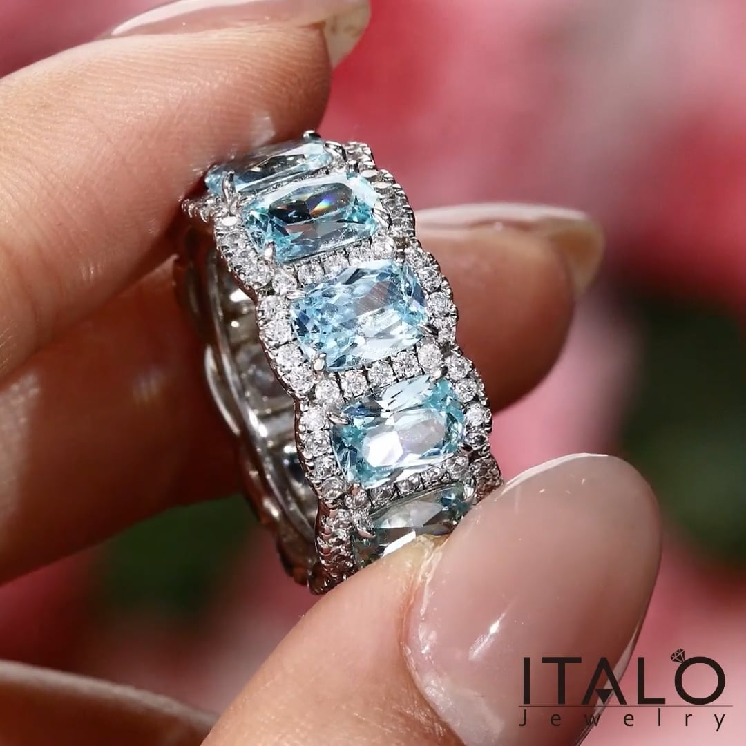Italo Aquamarine Ring Cushion Cut Eternity Wedding Band For Women