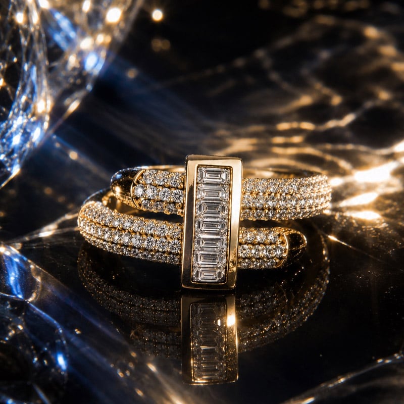 Italo Golden Micro Pave Round & Baguette Cut Unique Engagement Rings