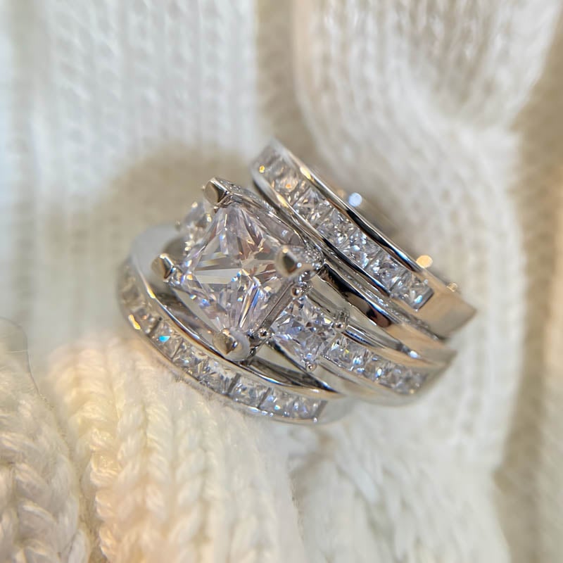 Italo Three Stone Created White Sapphire 3PC Wedding Set