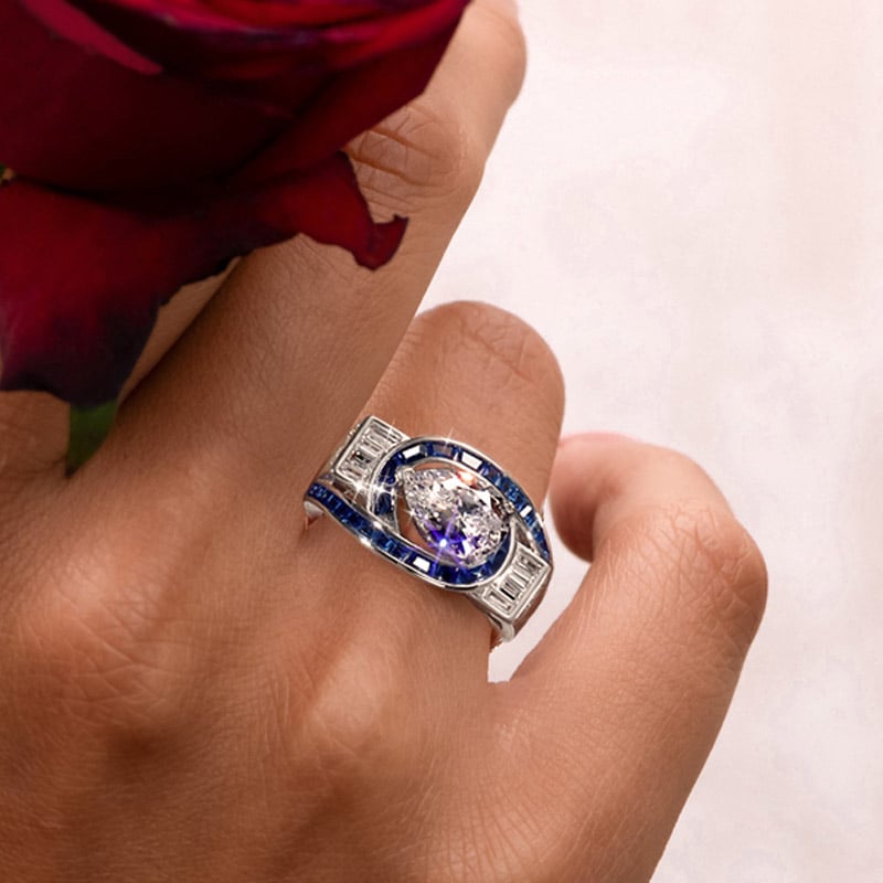 Italo Art Deco Pear Shaped Blue Sapphire Engagement Ring For Women