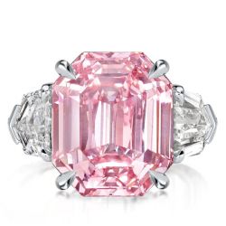  Three Stone Created Pink Emerald Cut Engagement Ring