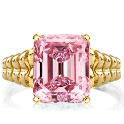 Golden Solitaire Emerald Cut Pink Topaz Engagement Ring